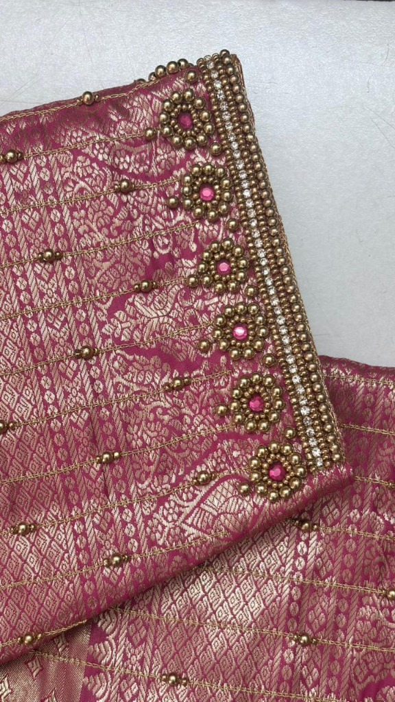Pink Silk Aari Work Blouse with Golden Bead Detailing