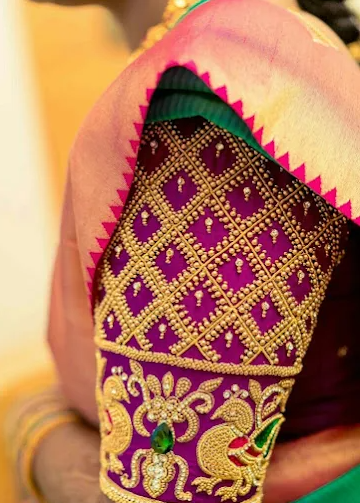 Purple Silk Blouse with Grid Pattern & Peacock Zardosi Motifs