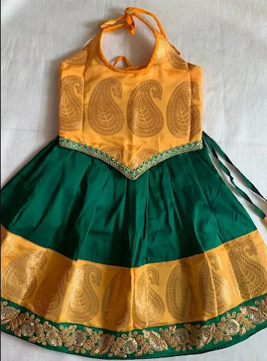 Traditional Green & Golden Yellow Kids Pattu Pavadai Lehenga