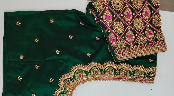 Intricate Emerald Green Bridal Blouse with Diamond Neck Design
