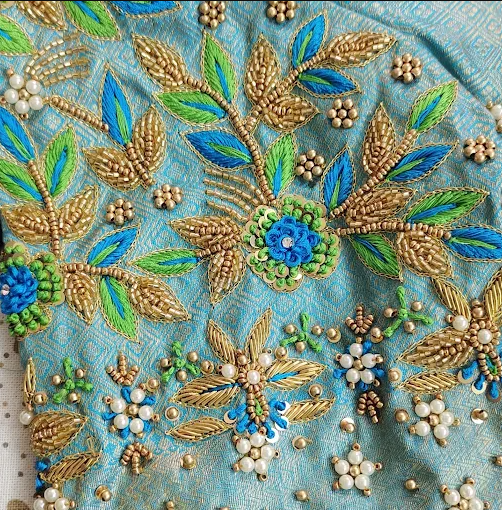 Sky Blue Silk Blouse with Handcrafted Floral Bead Embroidery